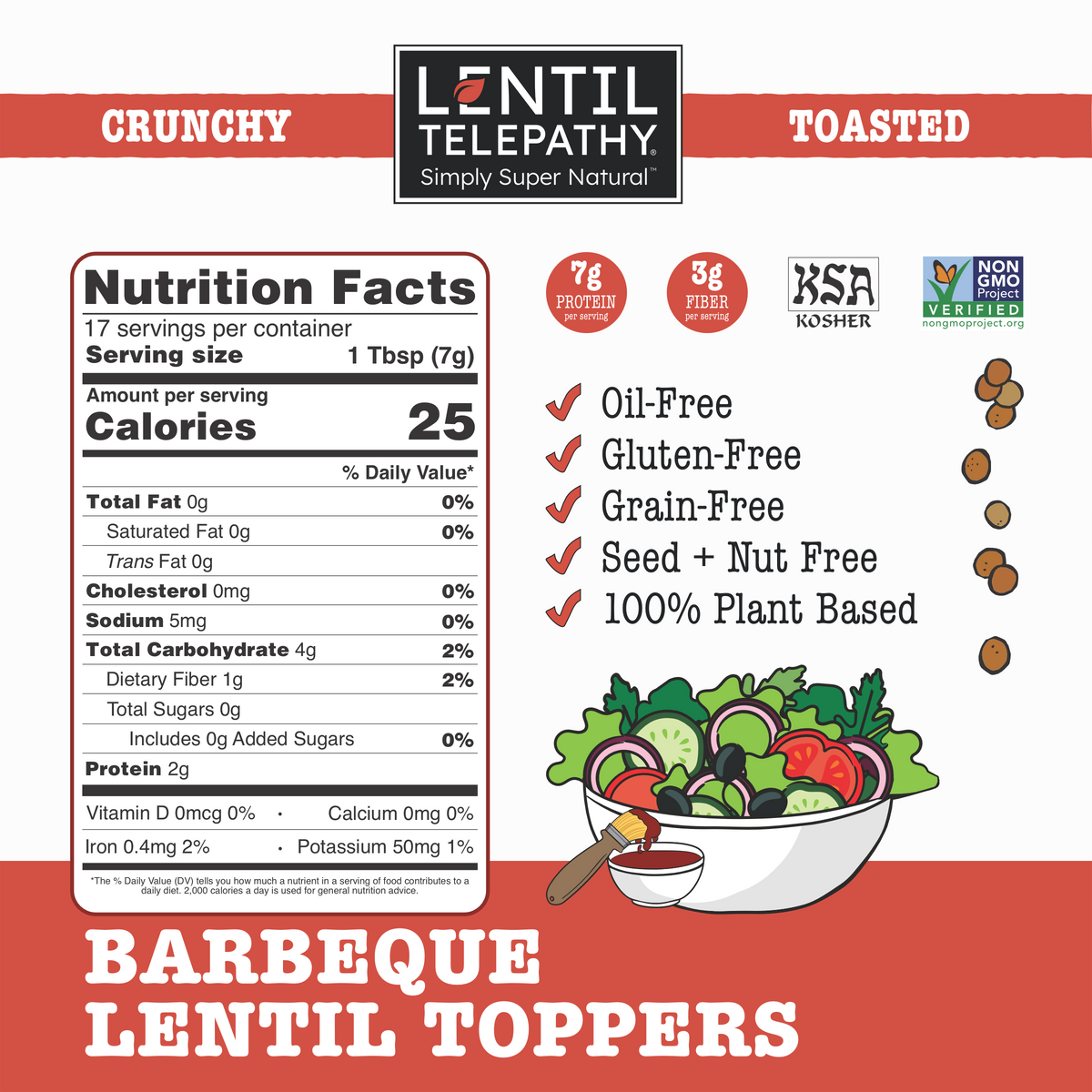Lentil Telepathy Tangy BBQ (Barbeque) Crunchy Toasted Toppers 3 Pack.