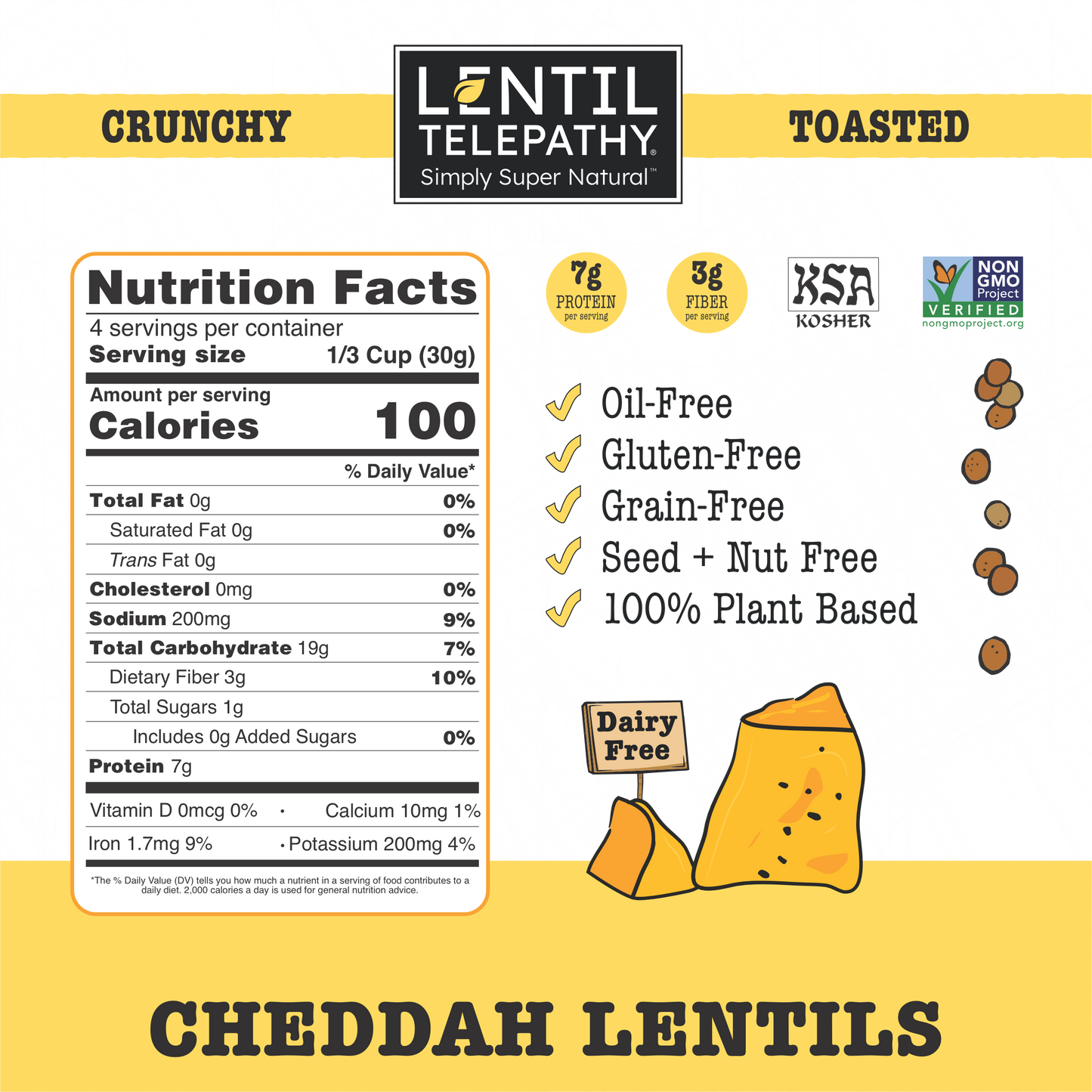 Lentil Telepathy Savory Cheddah (Dairy Free) Crunchy Toasted Snacks 3 Pack