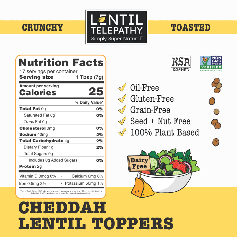 Lentil Telepathy Savory Cheddah (Dairy Free) Crunchy Toasted Toppers 3 Pack
