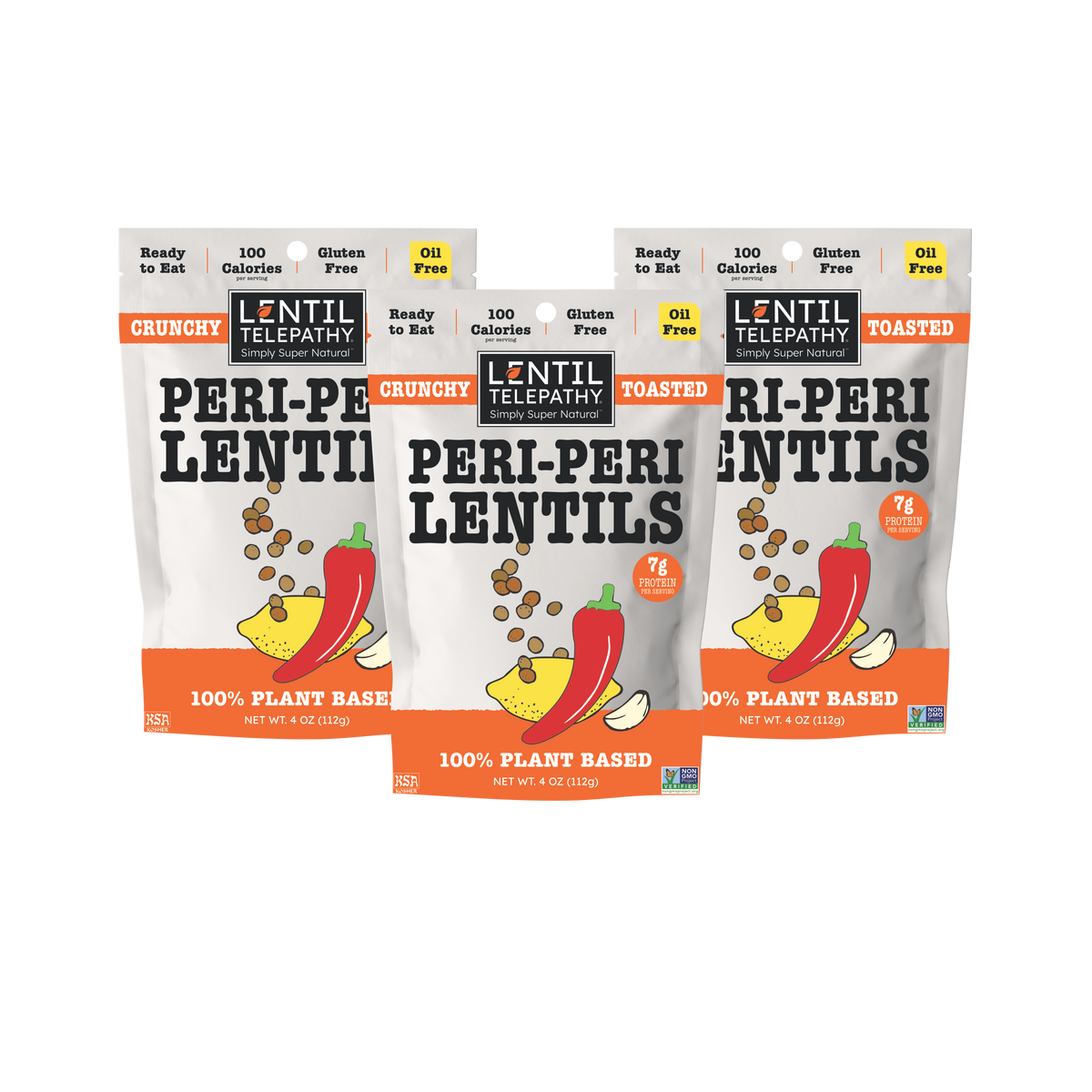 Lentil Telepathy Peri-Peri Chili Lemon Crunchy Lentil Snacks, three 4 oz bags