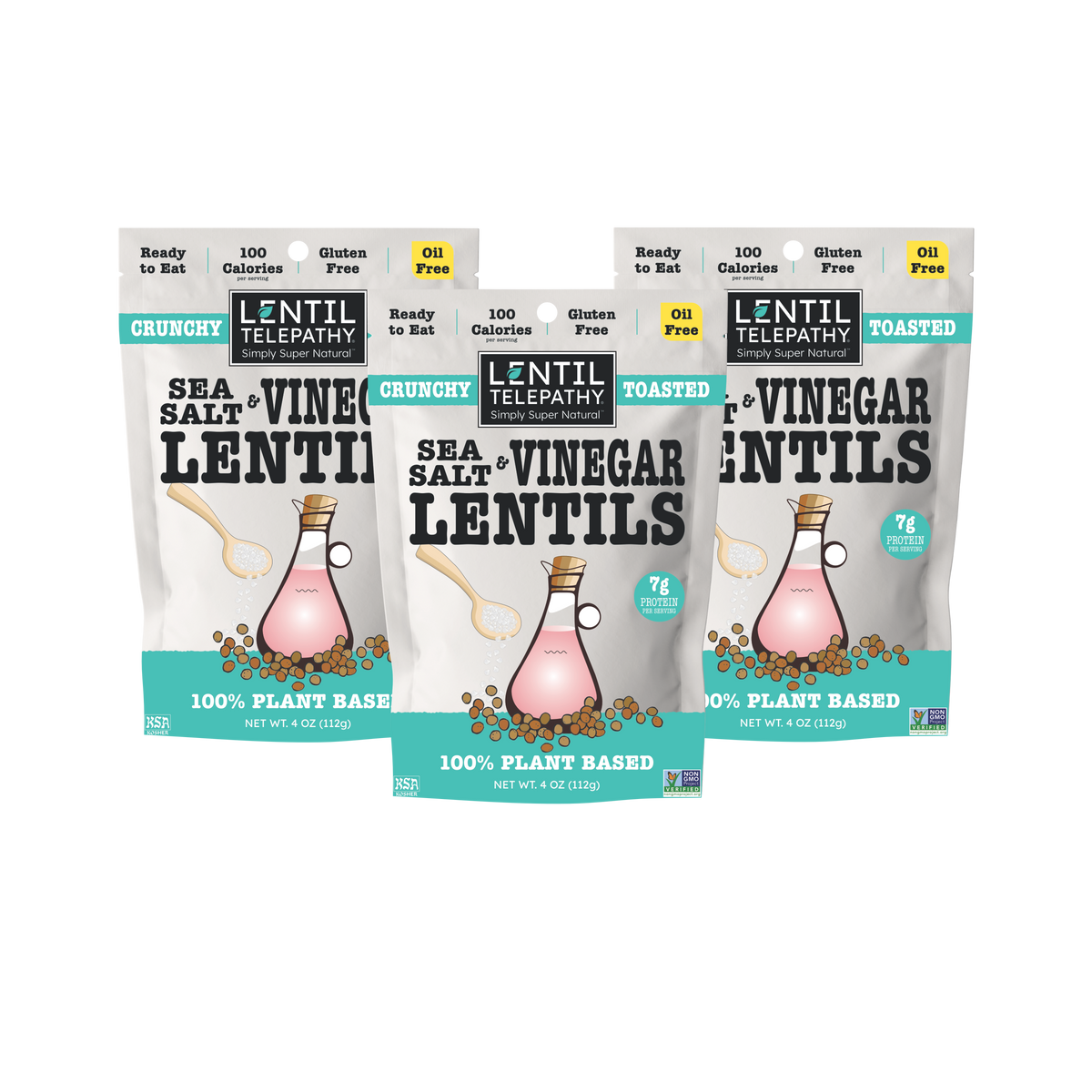 Lentil Telepathy Sea Salt & Vinegar Crunchy Lentil Snacks, three 4 oz bags