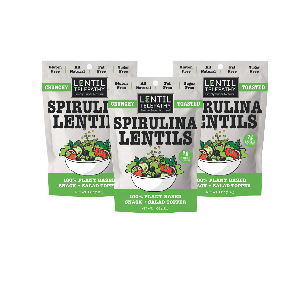 Lentil Telepathy Spirulina Crunchy Lentil Snack and Topper, three 4 oz bags