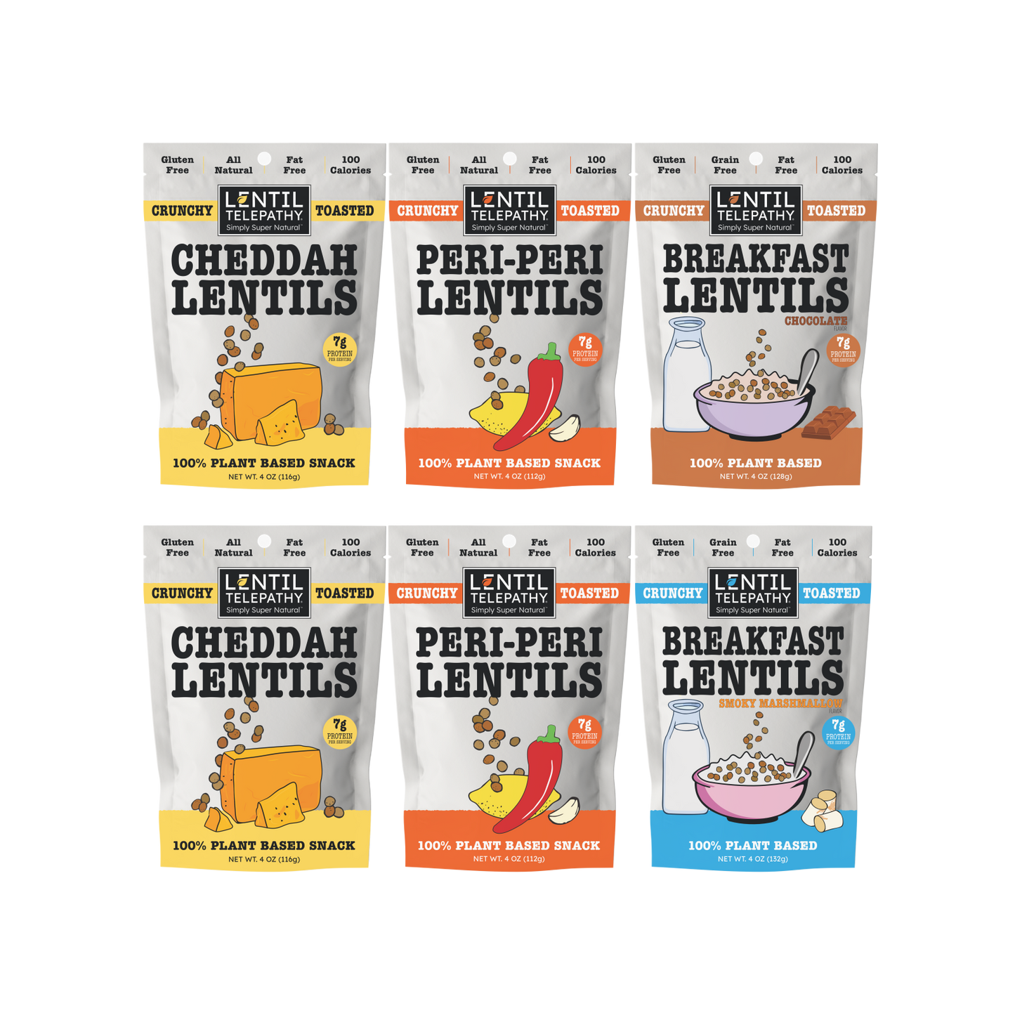 Lentil Telepathy Snack - Healthy Snacks Variety Pack of 6 (4oz), On-The-Go Low Calorie Lentils Snacks & Toppers, High Protein, 100% Plant Based, Non-GMO, Oil Free, Gluten-Free