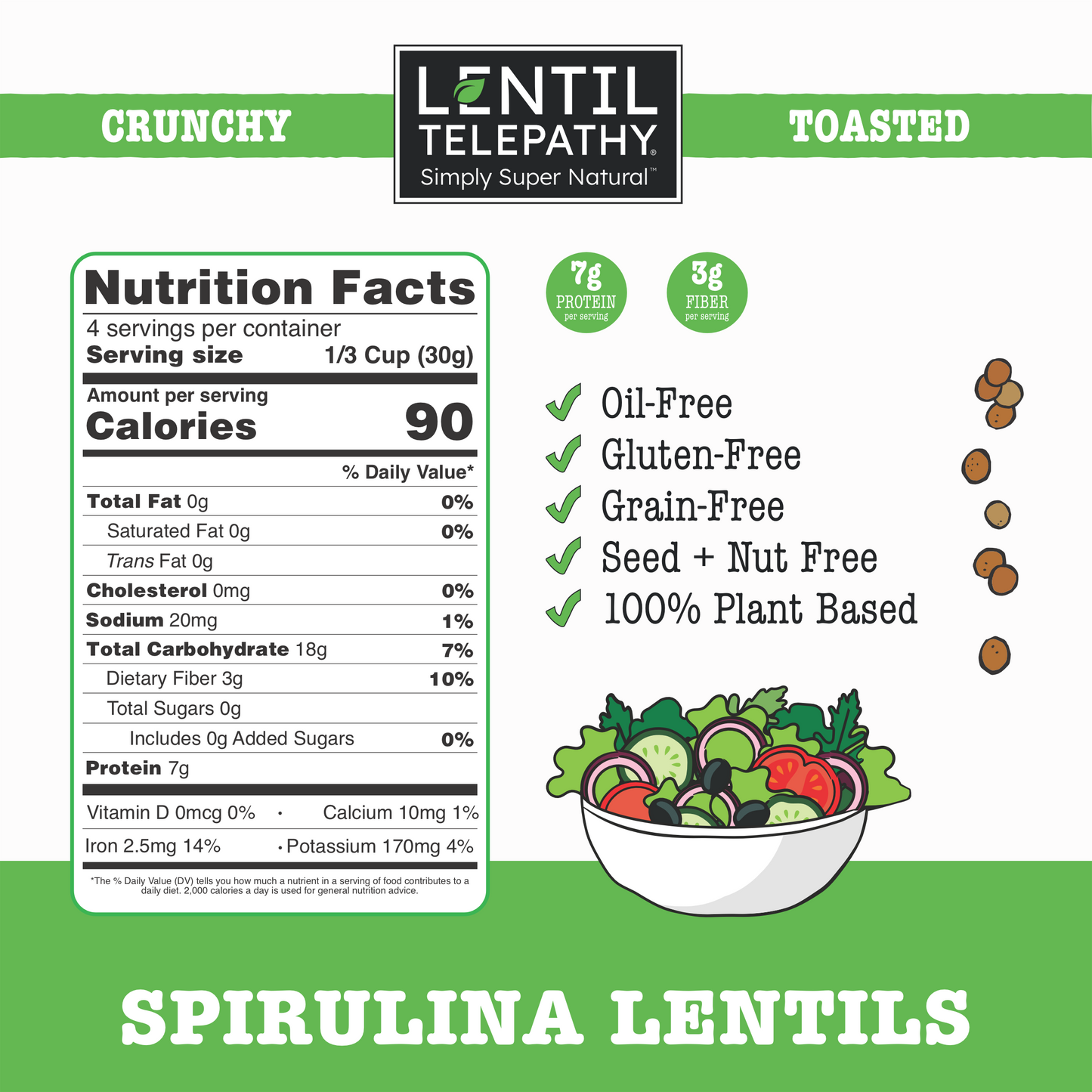 Lentil Telepthy Spirulina Crunchy Toasted Superfood Snack & Topper 3 Pack