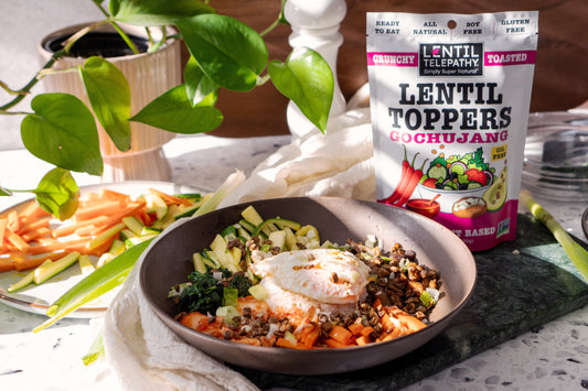 Bibimbap Bowl with Savory Sweet-Hot Crunchy Gochujang Lentils