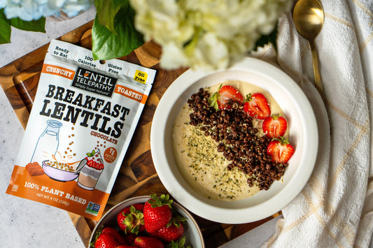 5-Minute Oat Yogurt Bowl with Strawberries, Chocolate Breakfast Lentils and Hemp Seeds