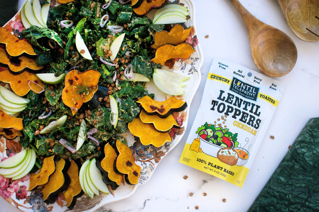 Healthy salad topped with crunchy toasted lentils as a crouton alternative