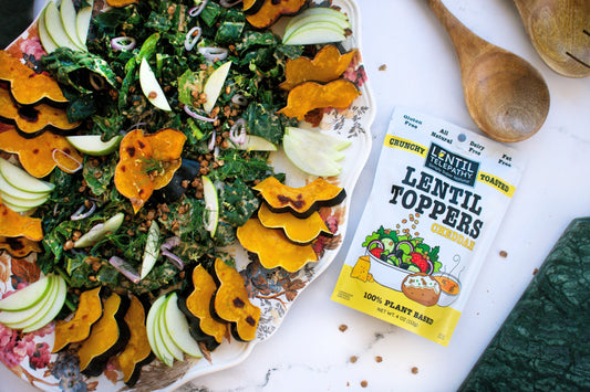 Healthy salad topped with crunchy toasted lentils as a crouton alternative