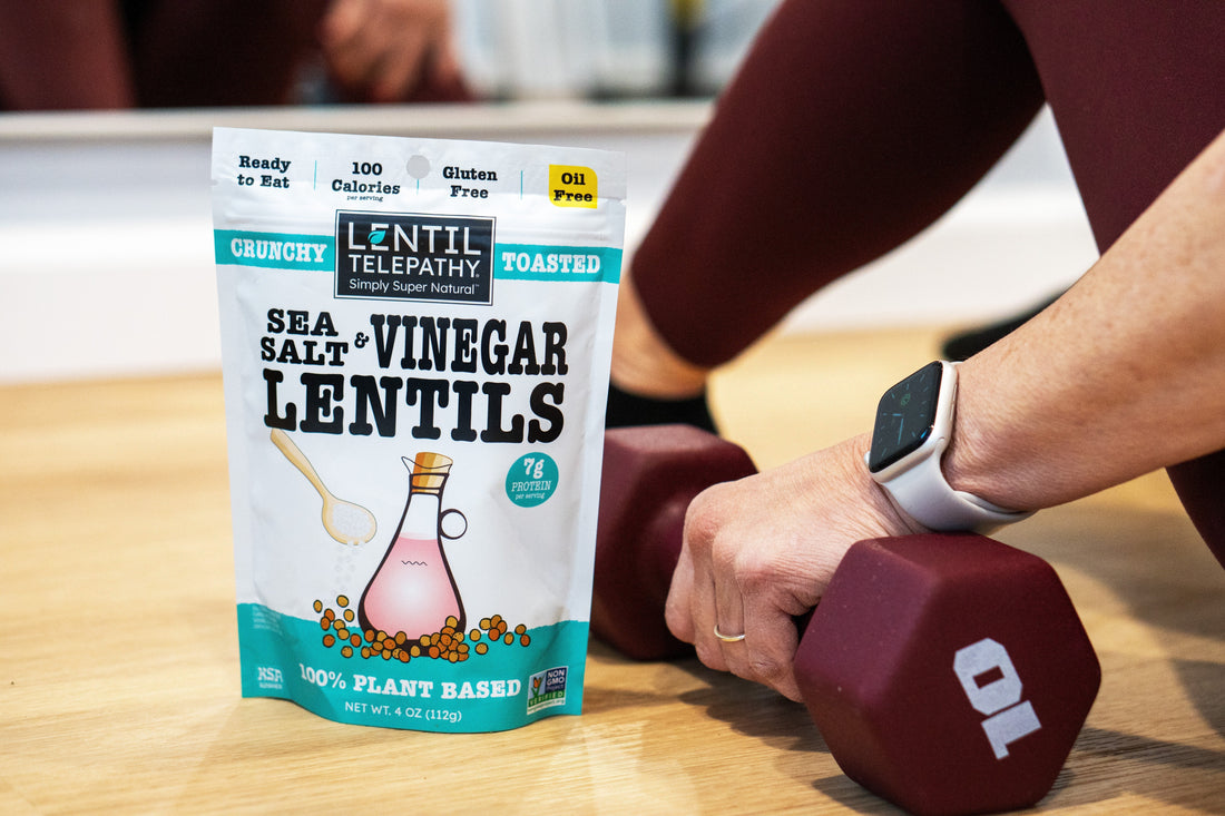 Lentil Telepathy crunchy lentil snack pack at the gym as a high-protein crunchy alternative to protein bars and granola bars