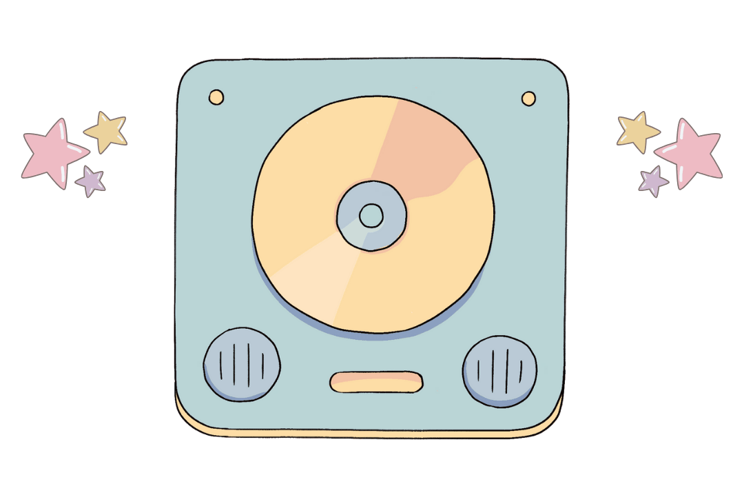 a simple and playful hand-drawn illustration of a music player with a cluster of stars on both sides