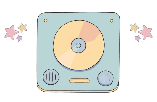 a simple and playful hand-drawn illustration of a music player with a cluster of stars on both sides