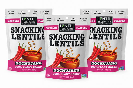 Three Gochujang 4 oz snack bags with Ready to Eat, All Natural, Soy Free and Gluten Free callouts, no 7g circles