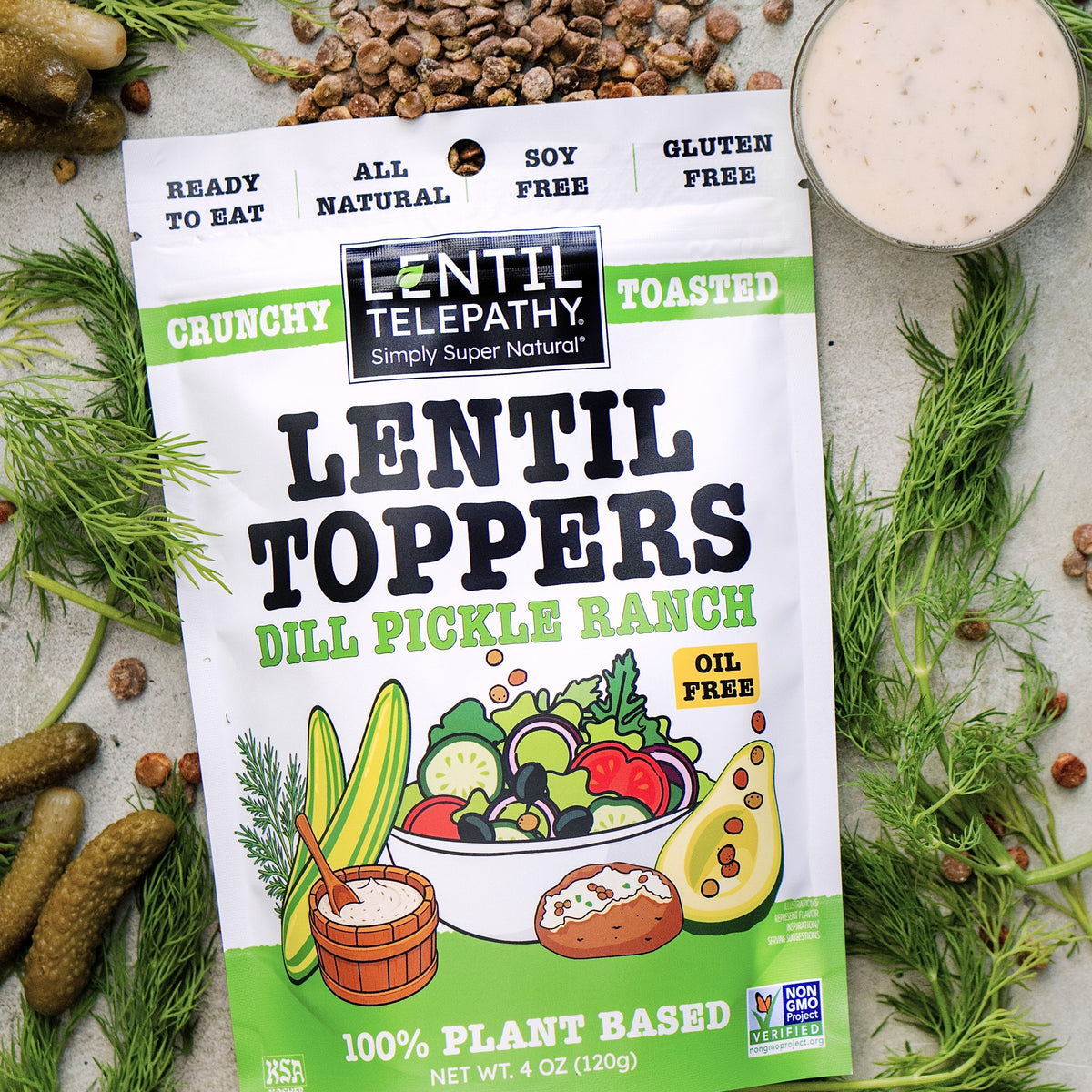 Lentil Telepathy Dill Pickle Ranch Crunchy Lentil Toppers – 3-Pack (4 oz Bags)
