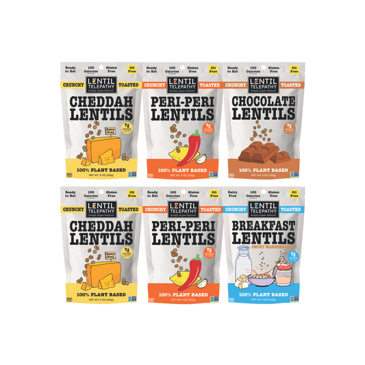 Lentil Telepathy 4oz  MultiPack (2xCheddah, 2xPeri-Peri, 1xChocolate, 1xSmoky Marshmallow)