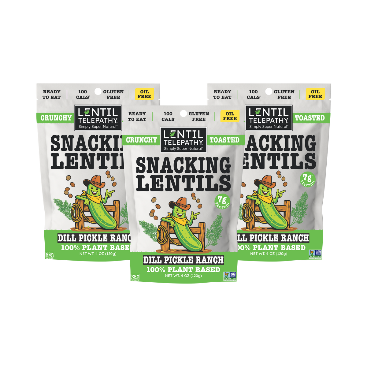 Lentil Telepathy Dill Pickle Ranch Crunchy Lentil Snacks, three 4 oz bags