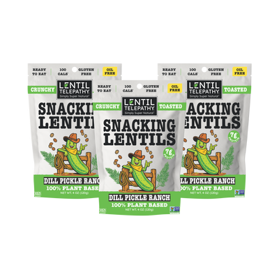 Lentil Telepathy Dill Pickle Ranch Crunchy Lentil Snacks, three 4 oz bags