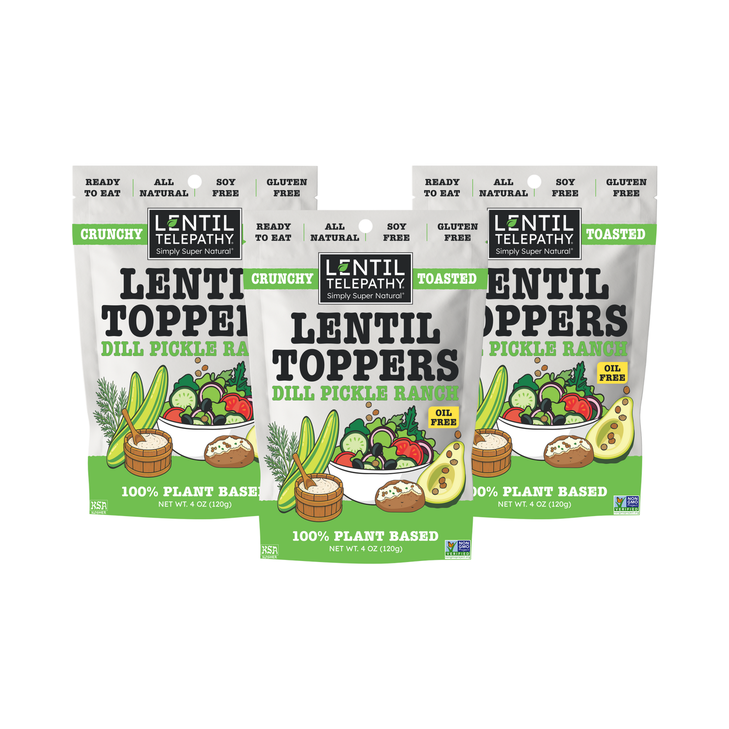 Lentil Telepathy Dill Pickle Ranch Crunchy Toasted Toppers - Pack of 3 - 4oz Bags