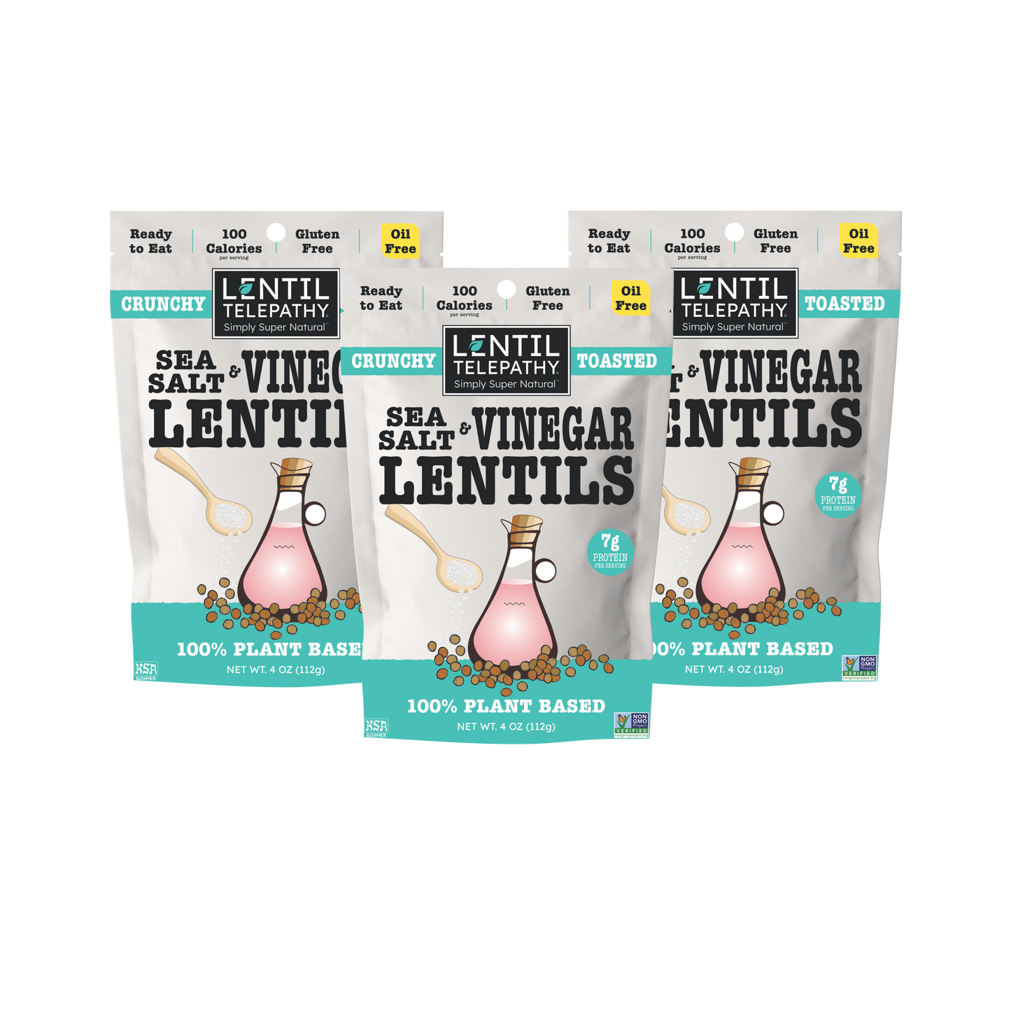 Lentil Telepathy Sea Salt & Vinegar Crunchy Toasted Snacks 3 Pack