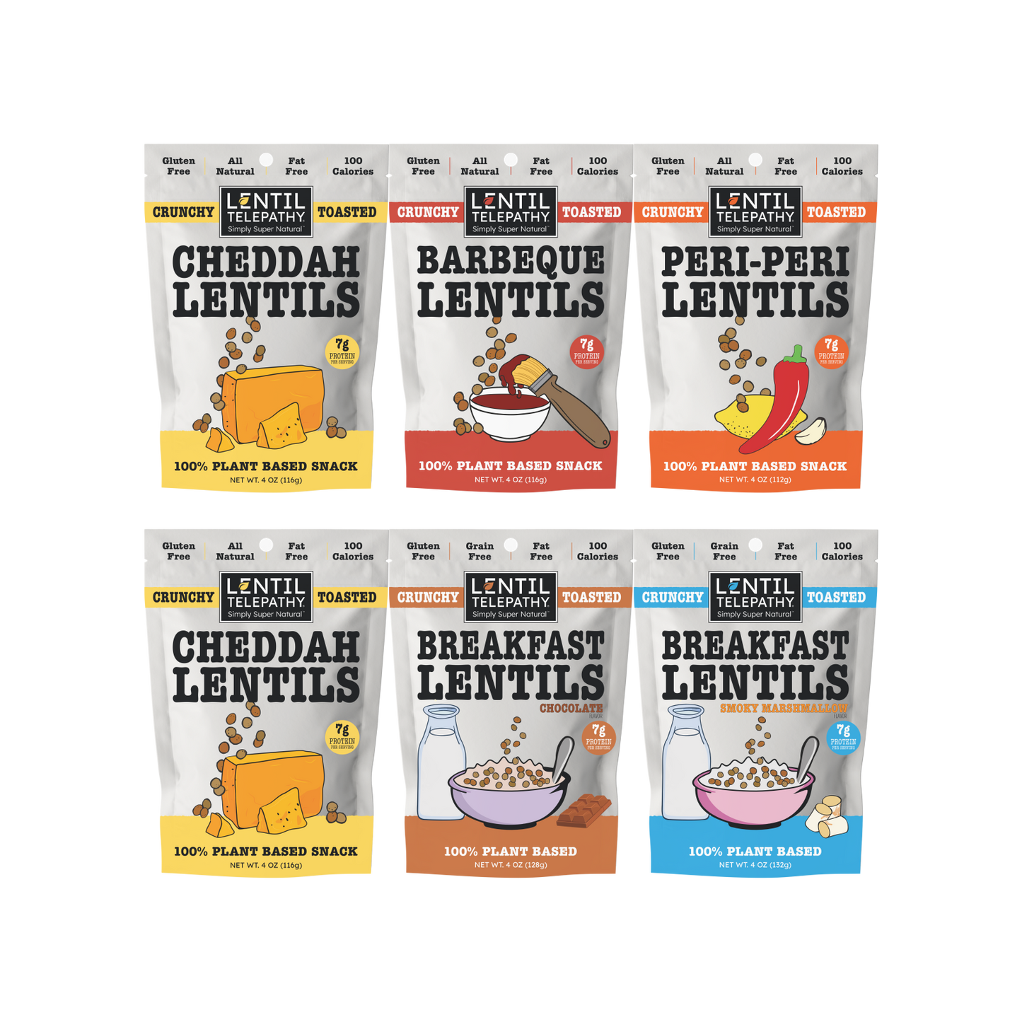 Lentil Telepathy MultiPack 4oz Bags (2xCheddah, 1xPeri-Peri, 1xBBQ, 1xChocolate, 1xSmoky Marshmallow)
