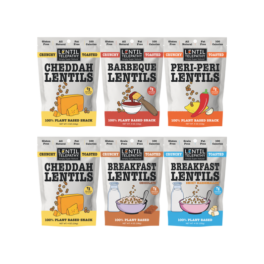Lentil Telepathy MultiPack 4oz Bags (2xCheddah, 1xPeri-Peri, 1xBBQ, 1xChocolate, 1xSmoky Marshmallow)