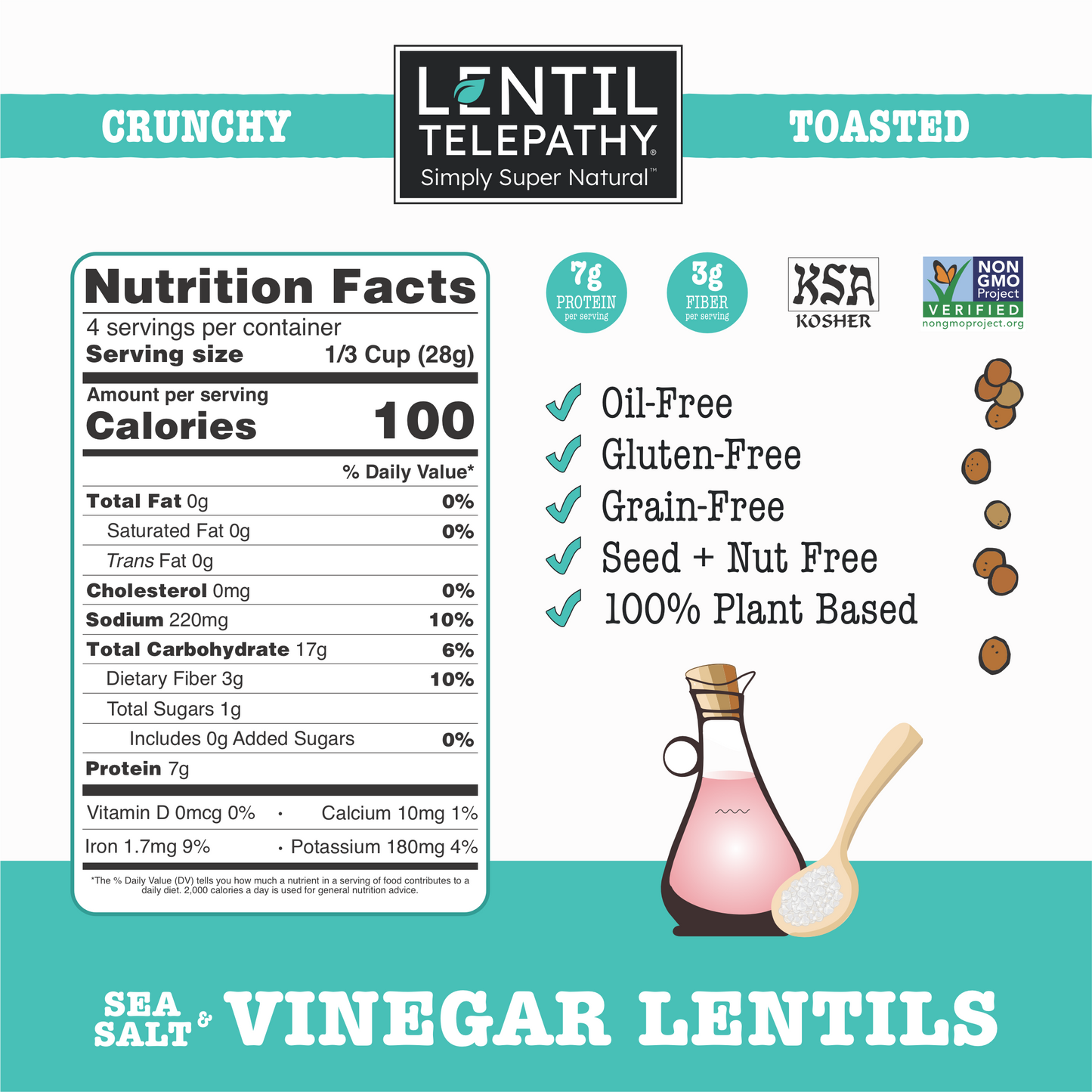 Lentil Telepathy Sea Salt & Vinegar Crunchy Toasted Snacks 3 Pack